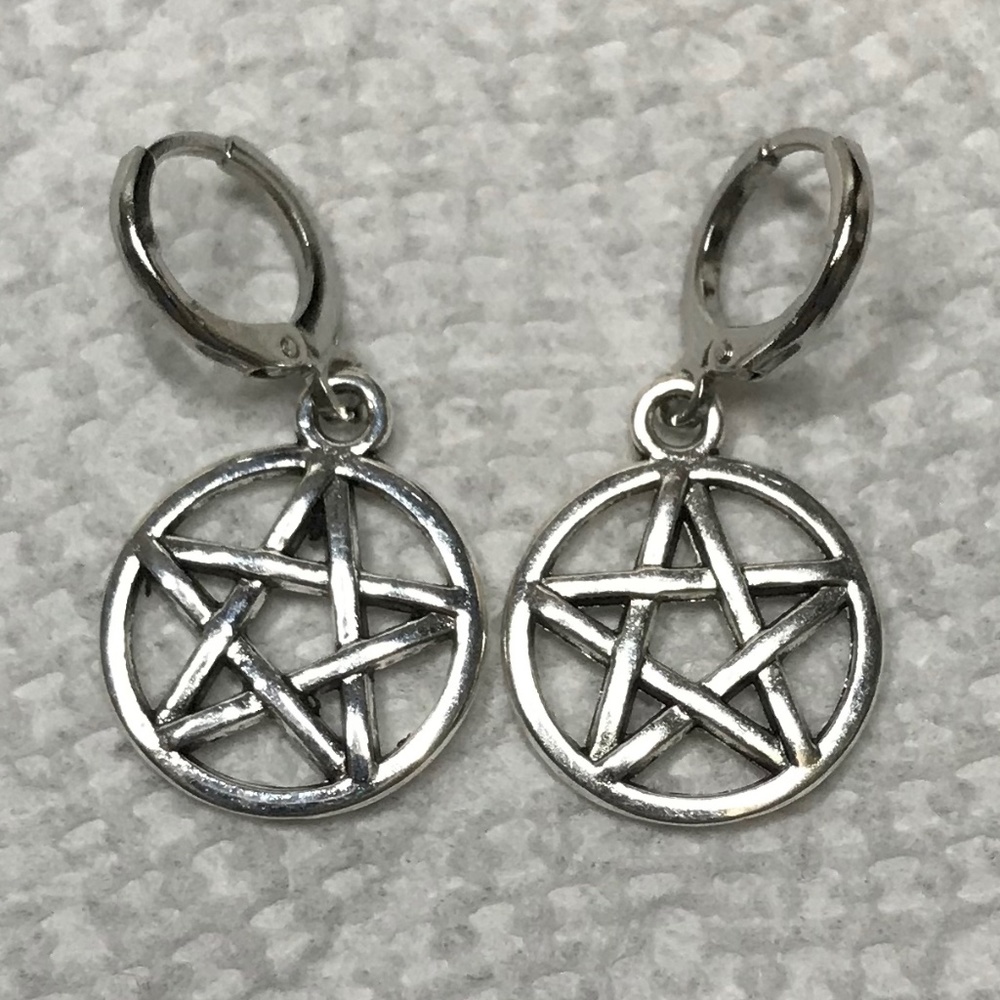 Gothic Pagan Silver Pentagram Pentacle Handmade Hoop Earrings, Encircled Stars - Picture 10 of 12
